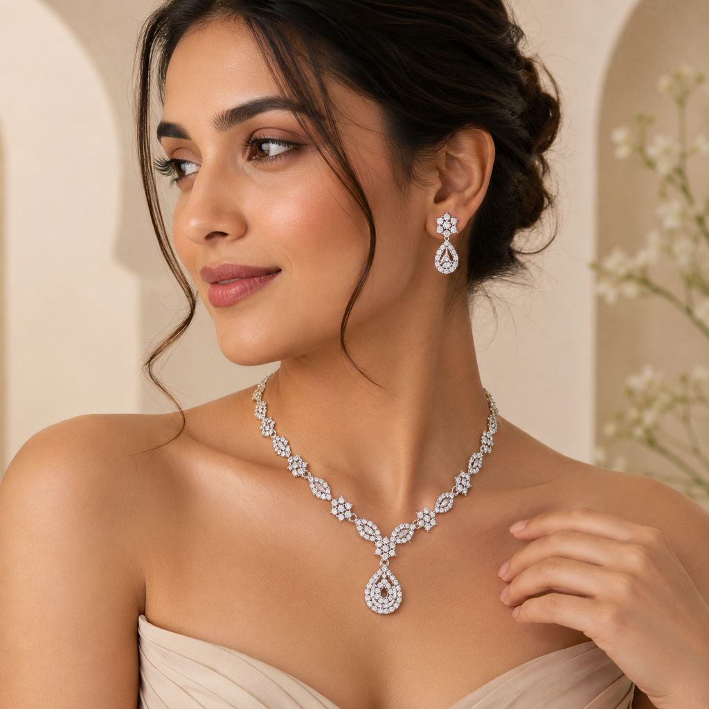 Elara Rose Gold &amp; Silver AD Stone Studded Choker Necklace Set with Matching Earrings for Women &amp; Girls