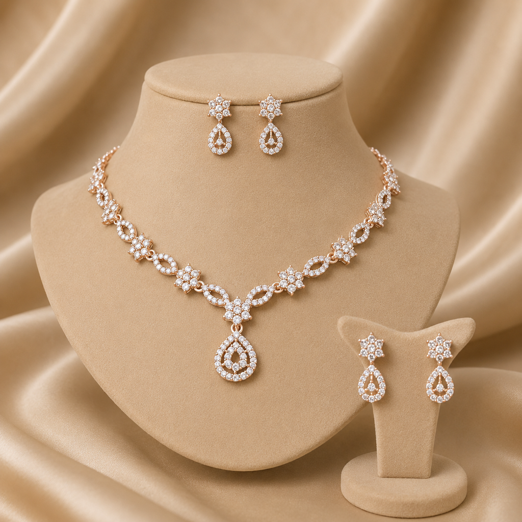 Elara Rose Gold &amp; Silver AD Stone Studded Choker Necklace Set with Matching Earrings for Women &amp; Girls
