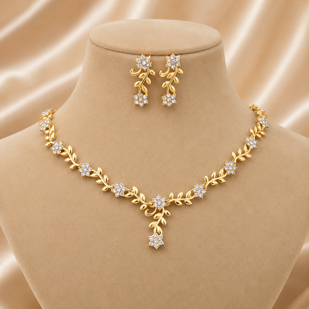 Aurora Rose Gold AD Brass Necklace &amp; Earrings Set for Women &amp; Girl