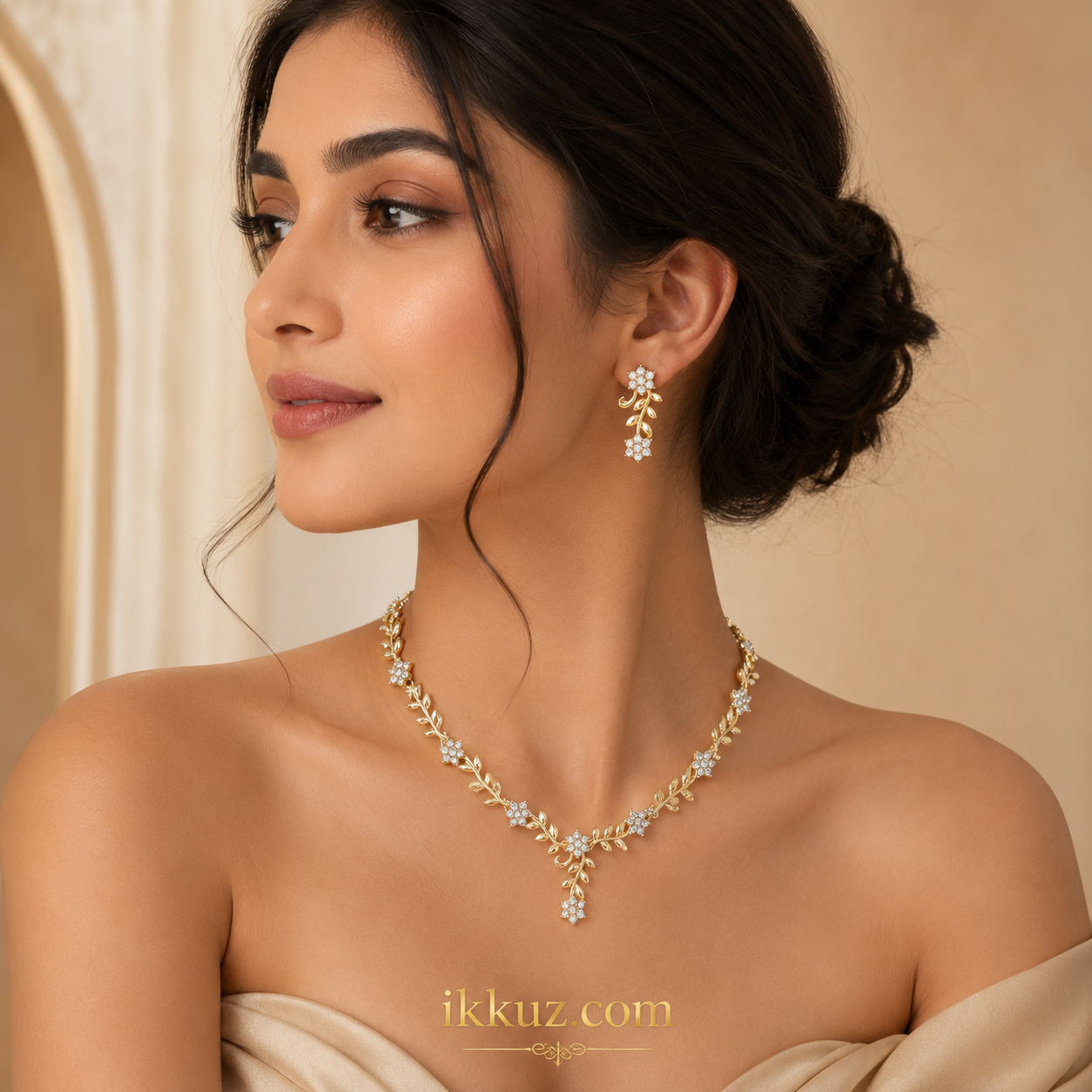 Aurora Rose Gold AD Brass Necklace &amp; Earrings Set for Women &amp; Girl