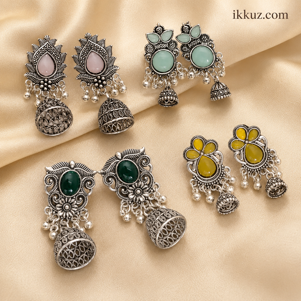 Festive Elegance Oxidized Silver Multicolor Jhumka Earrings | Traditional Ethnic Chandbali Earrings for Women &amp; Girls (Set of 4)