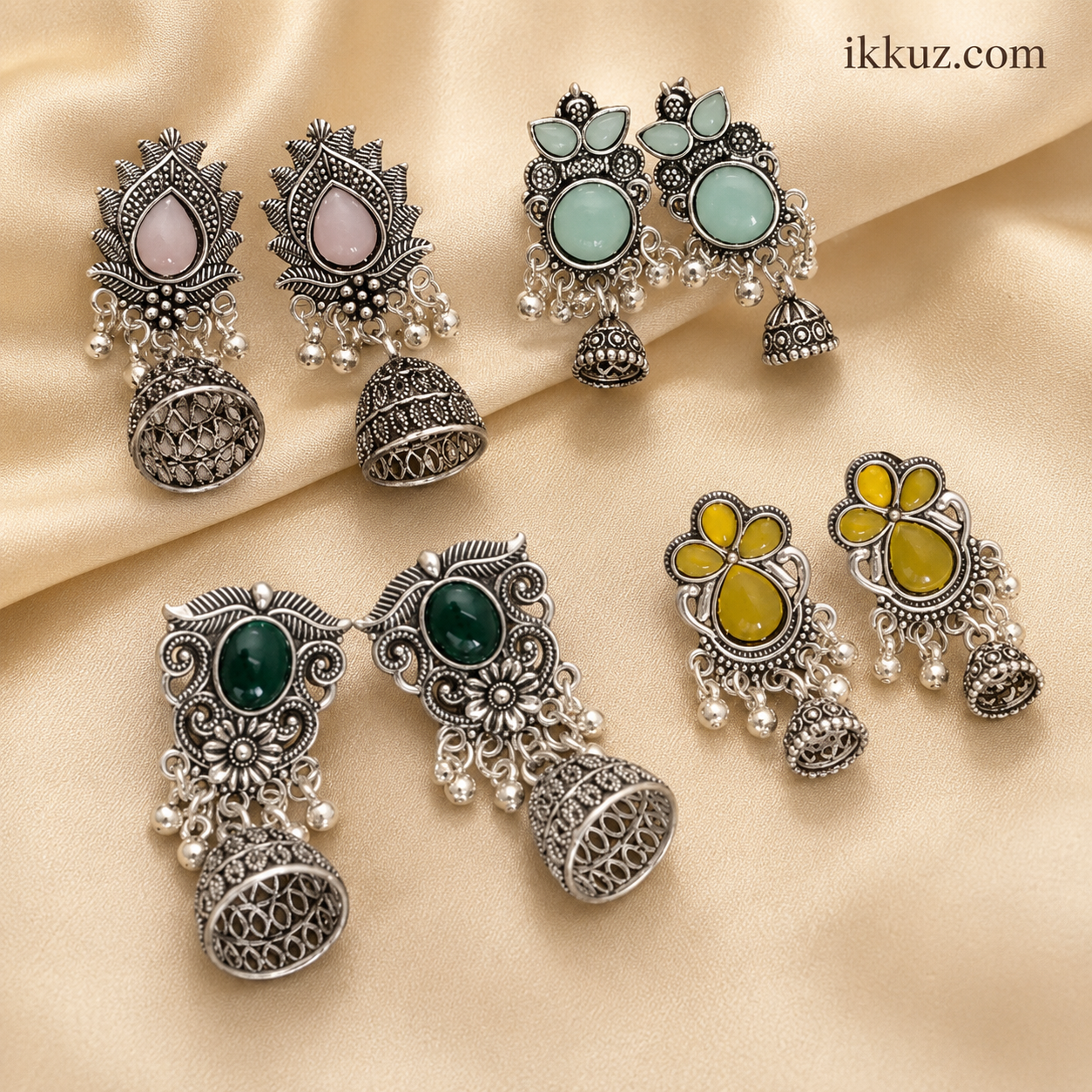 Festive Elegance Oxidized Silver Multicolor Jhumka Earrings | Traditional Ethnic Chandbali Earrings for Women &amp; Girls (Set of 4)