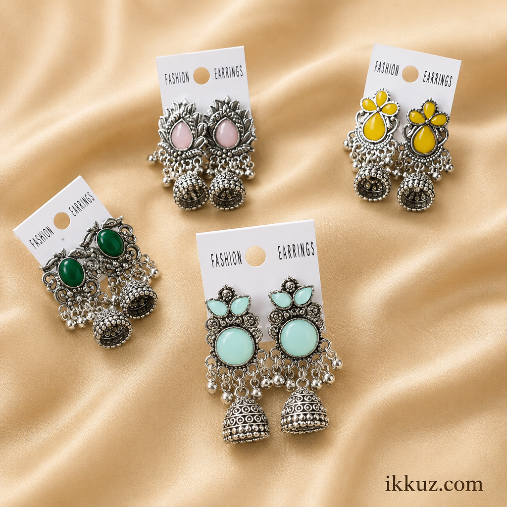 Festive Elegance Oxidized Silver Multicolor Jhumka Earrings | Traditional Ethnic Chandbali Earrings for Women &amp; Girls (Set of 4)