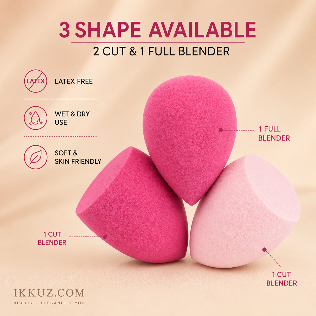 Premium Beauty Blender Sponge Set – 3 Pcs Makeup Sponge Kit (2 Cut Sponges + 1 Classic Blender)