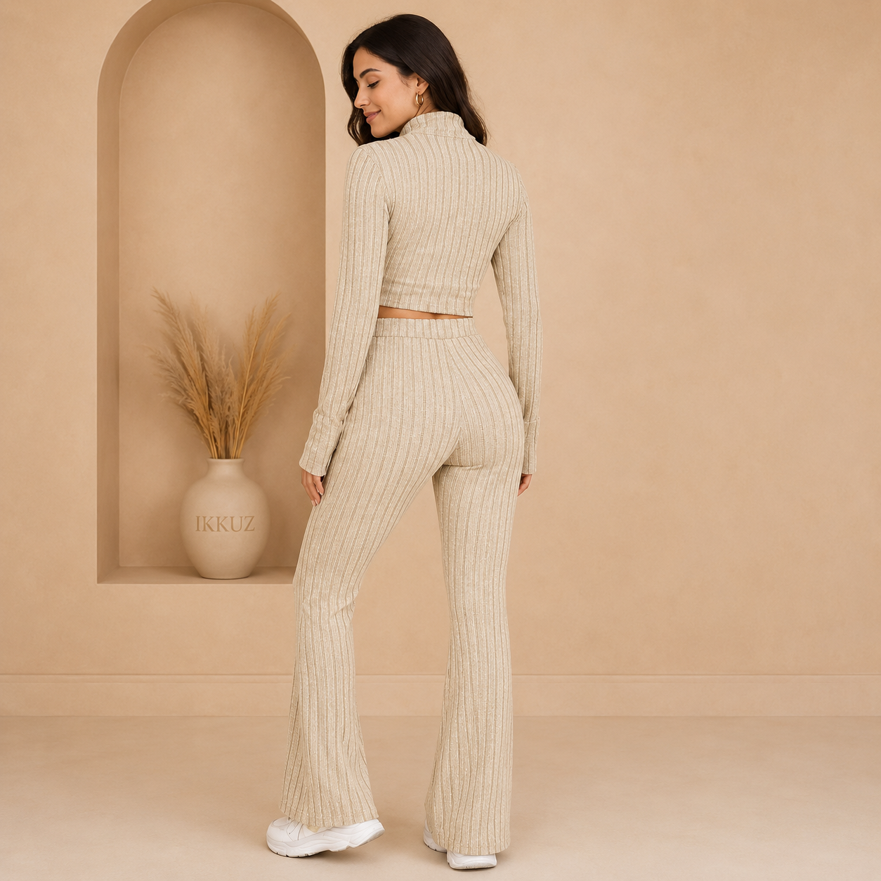 Premium Cream Ribbed Knit Co-Ord Set for Women
