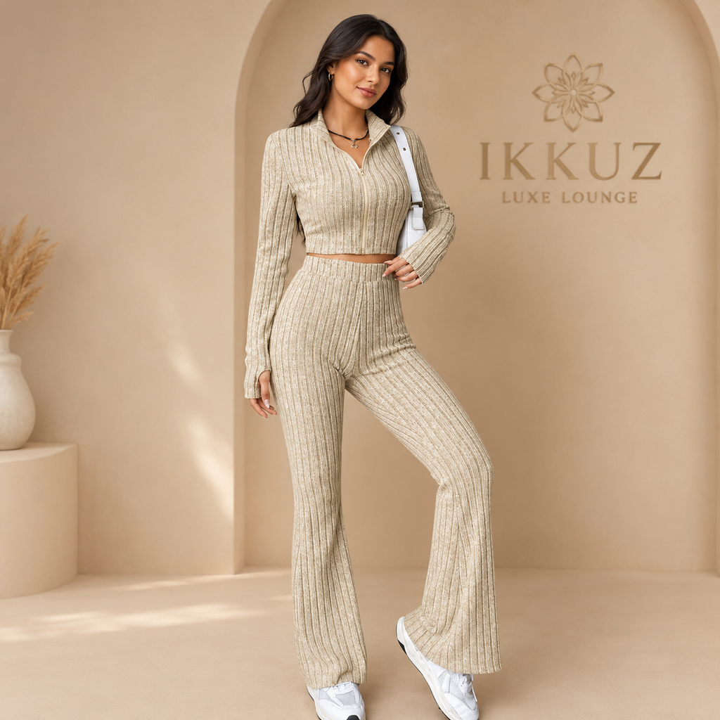 Premium Cream Ribbed Knit Co-Ord Set for Women