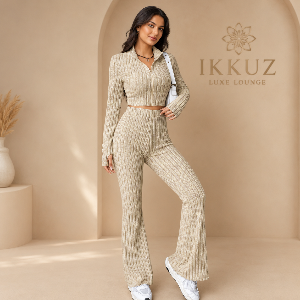 Premium Cream Ribbed Knit Co-Ord Set for Women