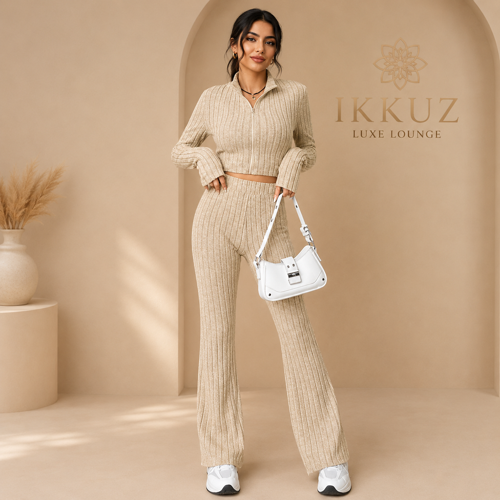 Premium Cream Ribbed Knit Co-Ord Set for Women