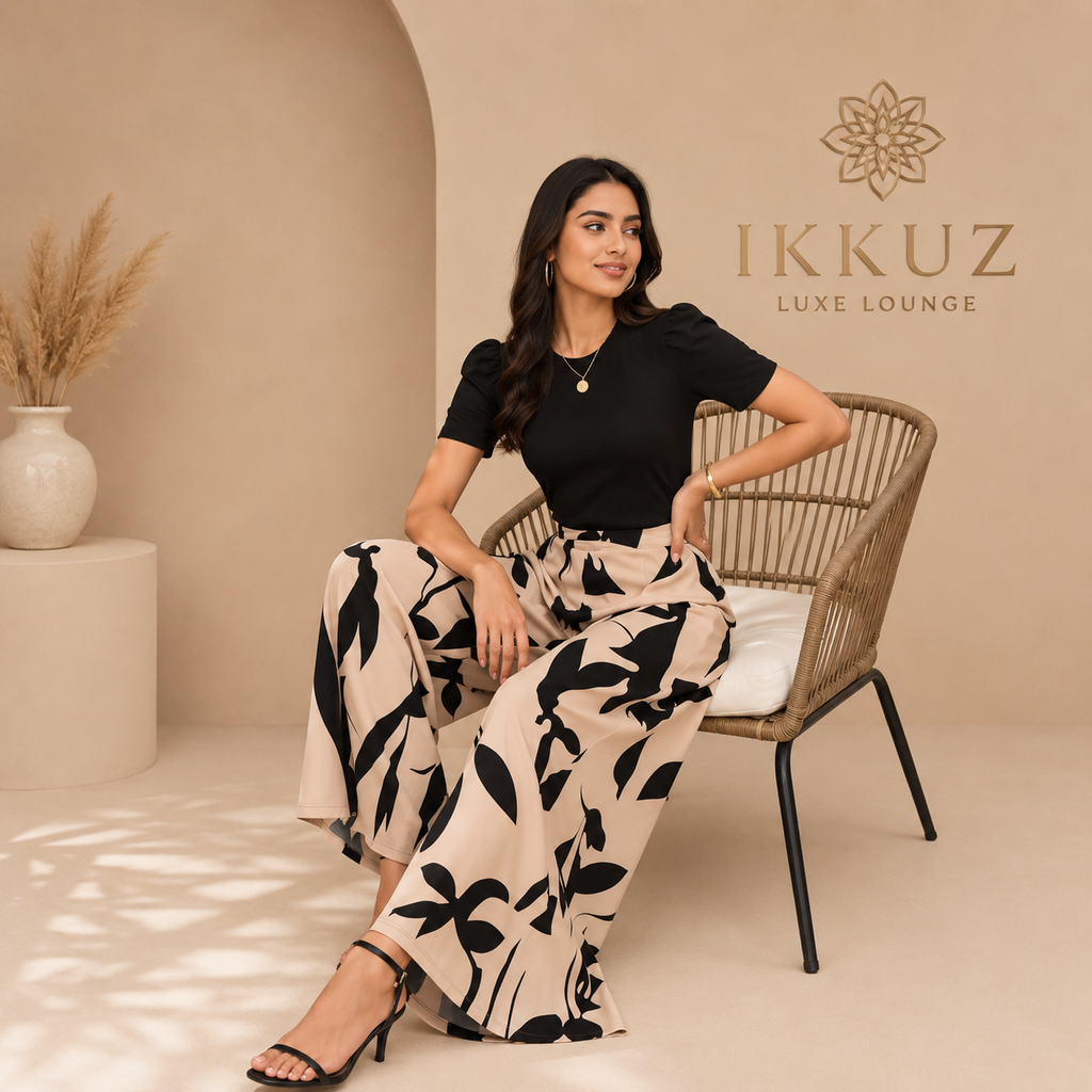 Premium Black Crop Top &amp; Printed Palazzo Co-Ord Set for Women