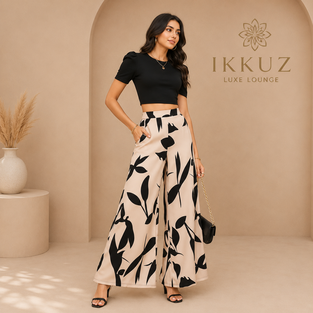 Premium Black Crop Top &amp; Printed Palazzo Co-Ord Set for Women