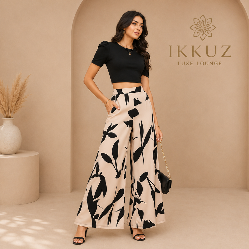 Premium Black Crop Top &amp; Printed Palazzo Co-Ord Set for Women