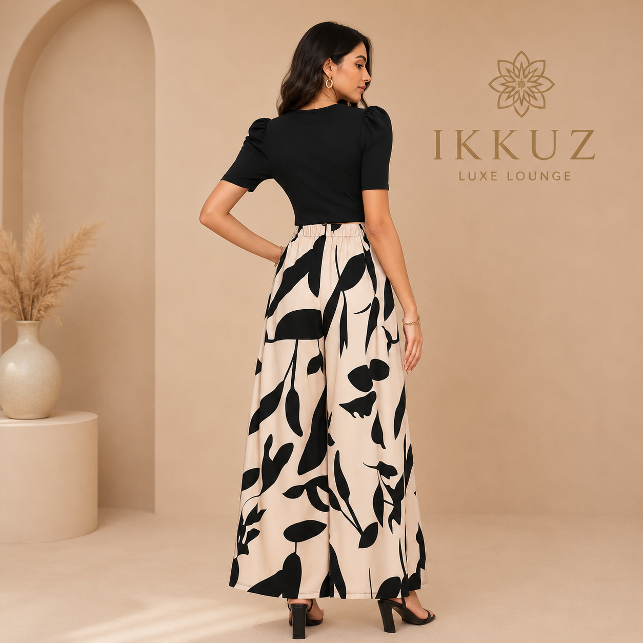 Premium Black Crop Top &amp; Printed Palazzo Co-Ord Set for Women