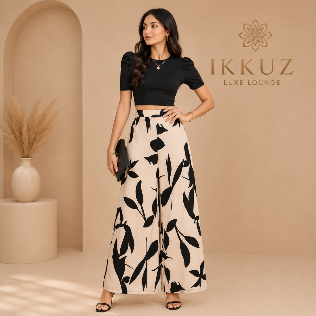 Premium Black Crop Top &amp; Printed Palazzo Co-Ord Set for Women