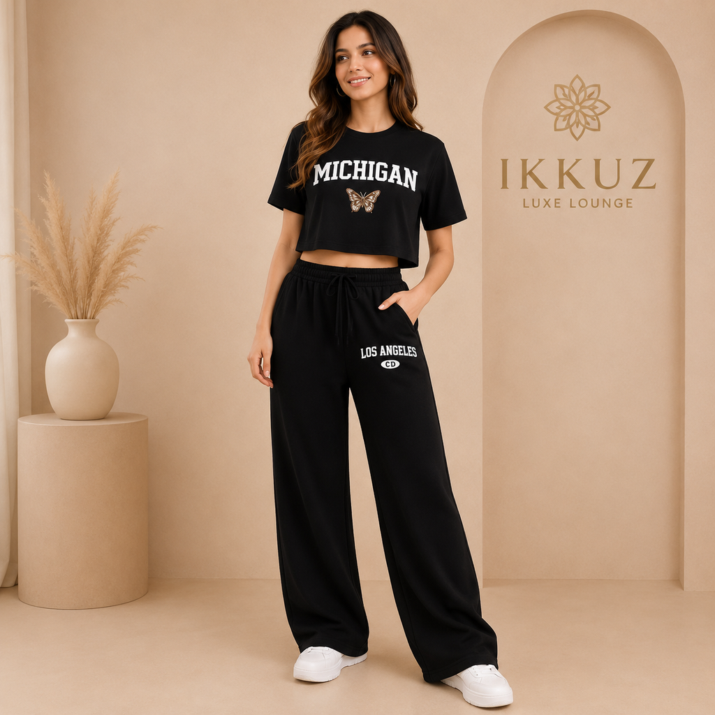 Premium Michigan Printed Crop Top &amp; Wide Leg Pants Co-Ord Set for Women