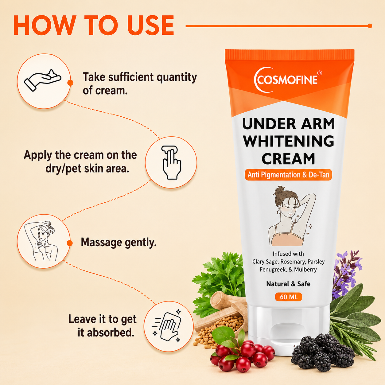 Cosmofine Underarm Whitening Cream | Brightening Cream for Underarms, Neck, Knees, Elbows &amp; Inner Thighs | 60ml | For Women &amp; Men