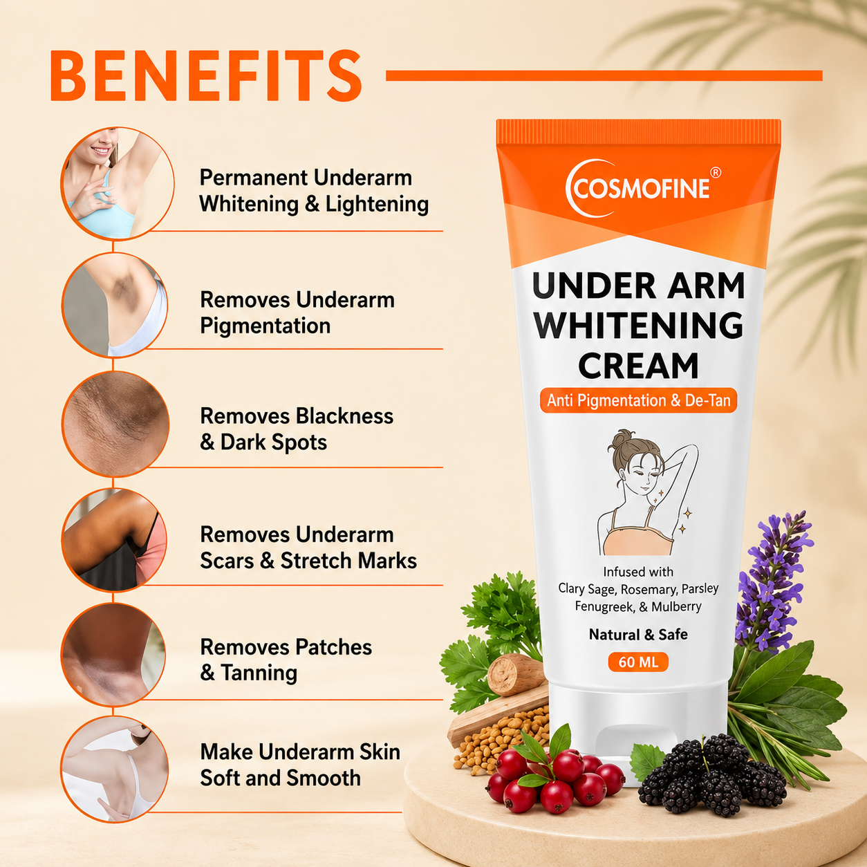 Cosmofine Underarm Whitening Cream | Brightening Cream for Underarms, Neck, Knees, Elbows &amp; Inner Thighs | 60ml | For Women &amp; Men