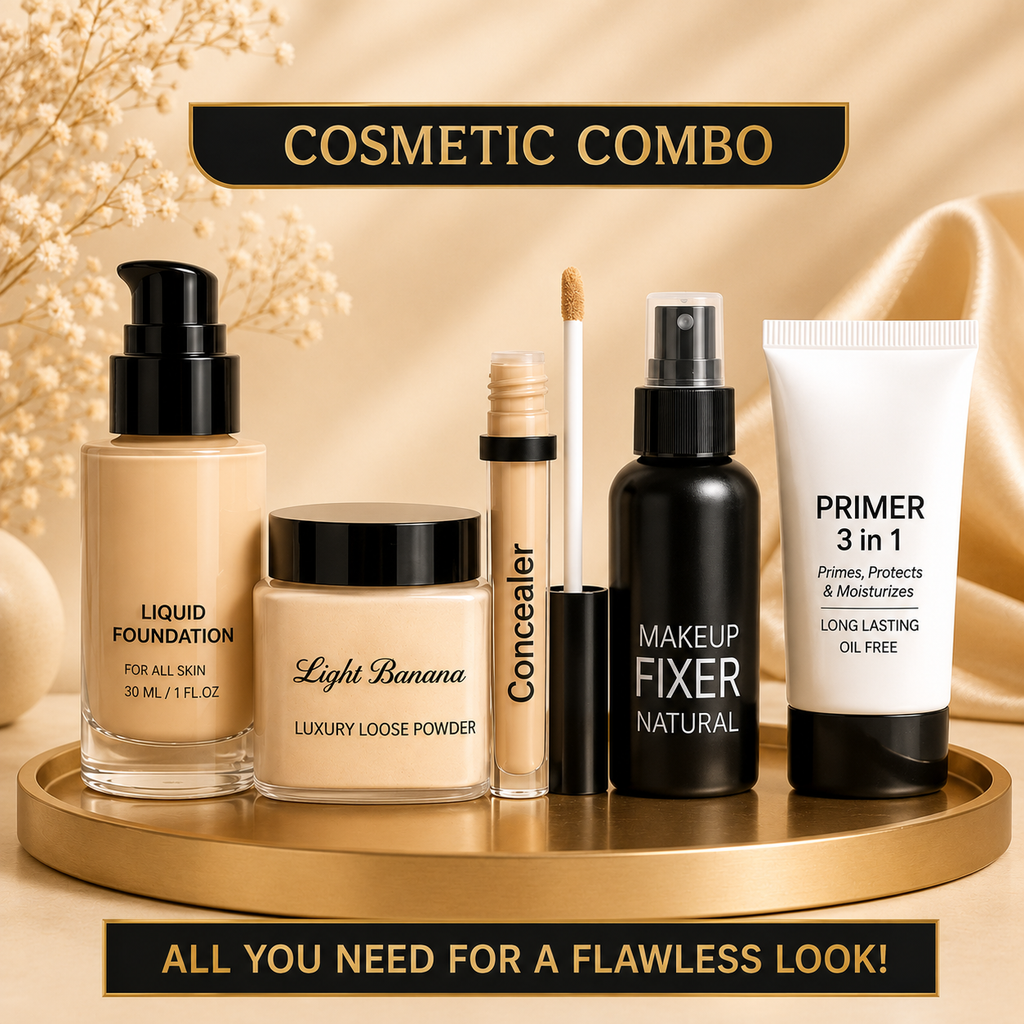 Professional Makeup Combo Set of 5 – Liquid Foundation, Banana Loose Powder, Concealer, Makeup Fixer &amp; Primer | Long-Lasting Makeup Essentials for Women