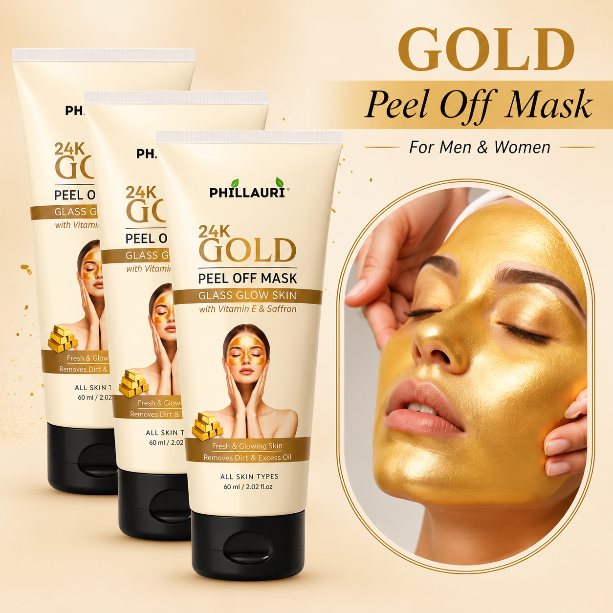Phillauri 24K Gold Peel-Off Face Mask (Pack of 3) – Glass Glow Skin with Vitamin E &amp; Saffron | Deep Cleansing Face Mask for Men &amp; Women | 60ml Each