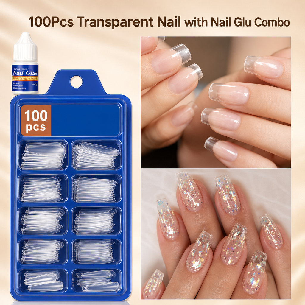 100 PCS Transparent Reusable Acrylic Nail Tips with Nail Glue – Full Cover Fake Nail Extension Set | Lightweight, Easy Apply &amp; Remove | Salon Finish