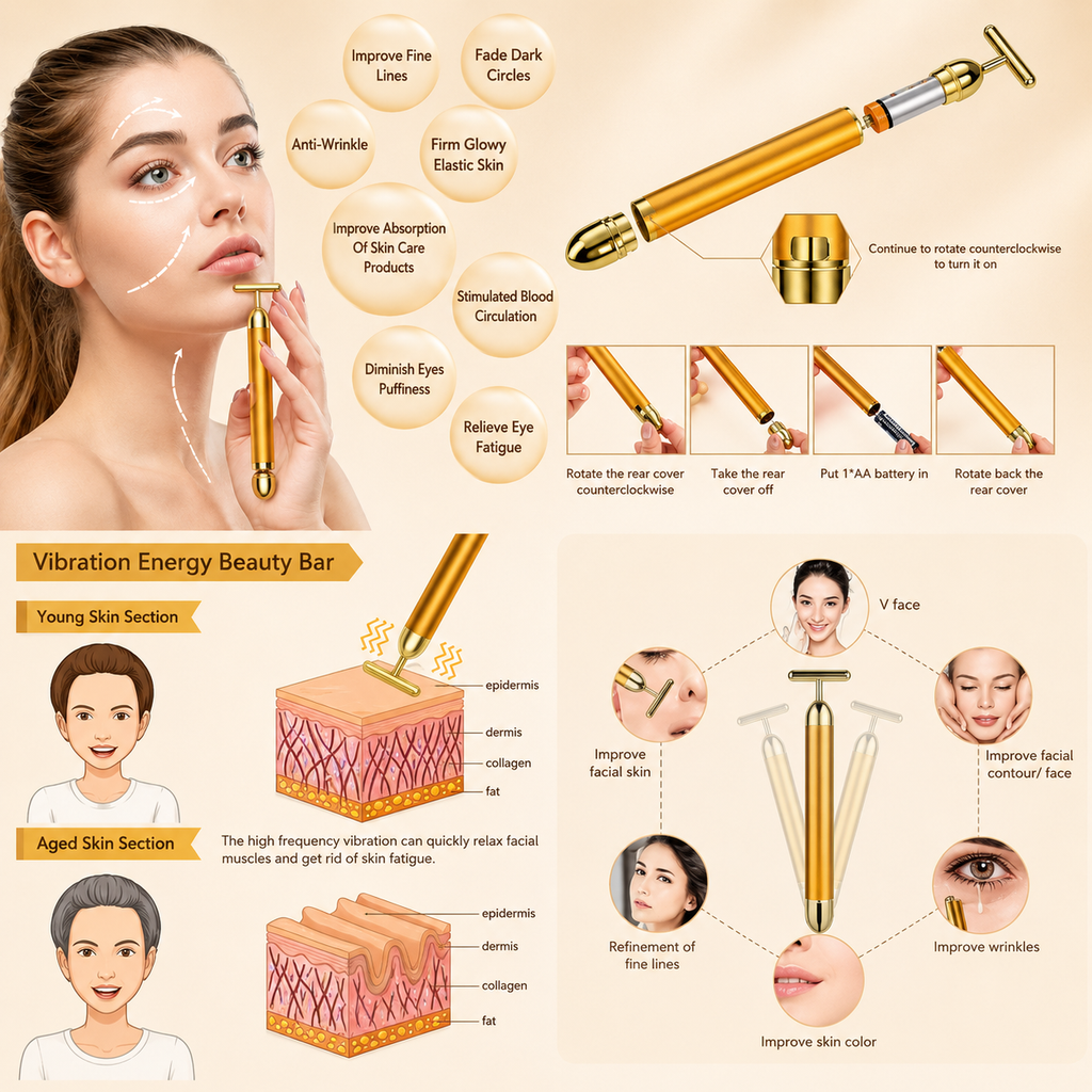 24K Gold Energy Beauty Bar Electric Facial Massager – Waterproof T-Shaped Vibration Roller for Face, Neck &amp; Body | Anti-Aging, Skin Tightening &amp; Blood Circulation
