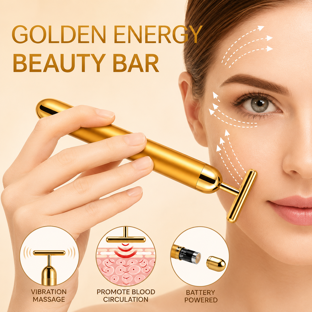 24K Gold Energy Beauty Bar Electric Facial Massager – Waterproof T-Shaped Vibration Roller for Face, Neck &amp; Body | Anti-Aging, Skin Tightening &amp; Blood Circulation