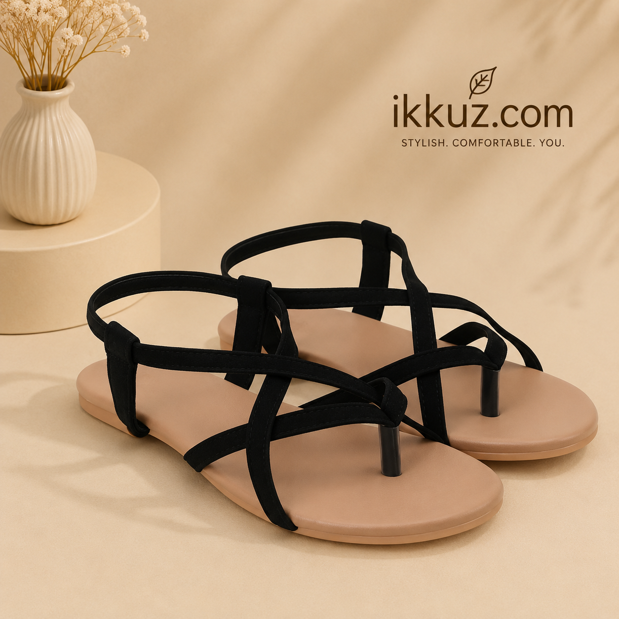 Aurelle Velvet Cross-Strap Flat Sandals for Women – Black
