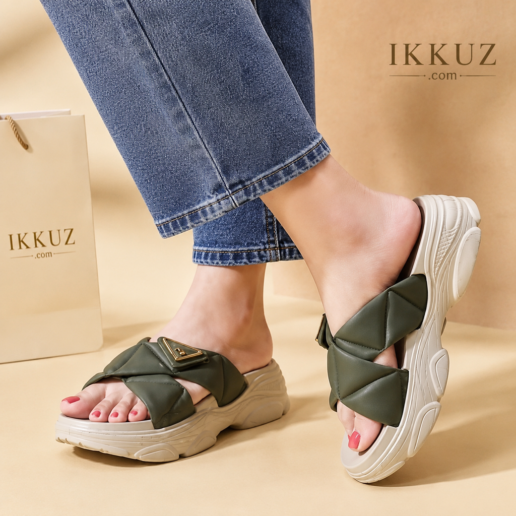 Women's Premium EVA Platform Slip-On Flip Flops | Soft Cushion Lightweight Slippers for Daily Wear | Olive Green Casual Sandals