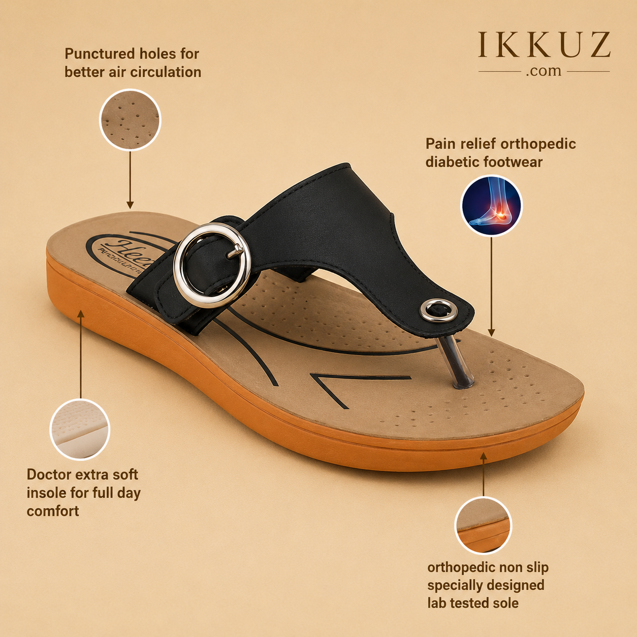 Comfort Air Cushion Orthopedic Women's Flip Flops | Soft PU Flats | Doctor Insole Casual Slippers | Black