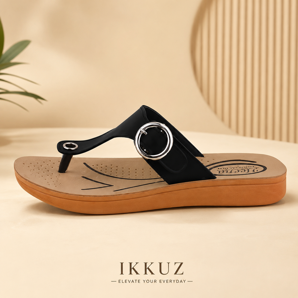 Comfort Air Cushion Orthopedic Women's Flip Flops | Soft PU Flats | Doctor Insole Casual Slippers | Black