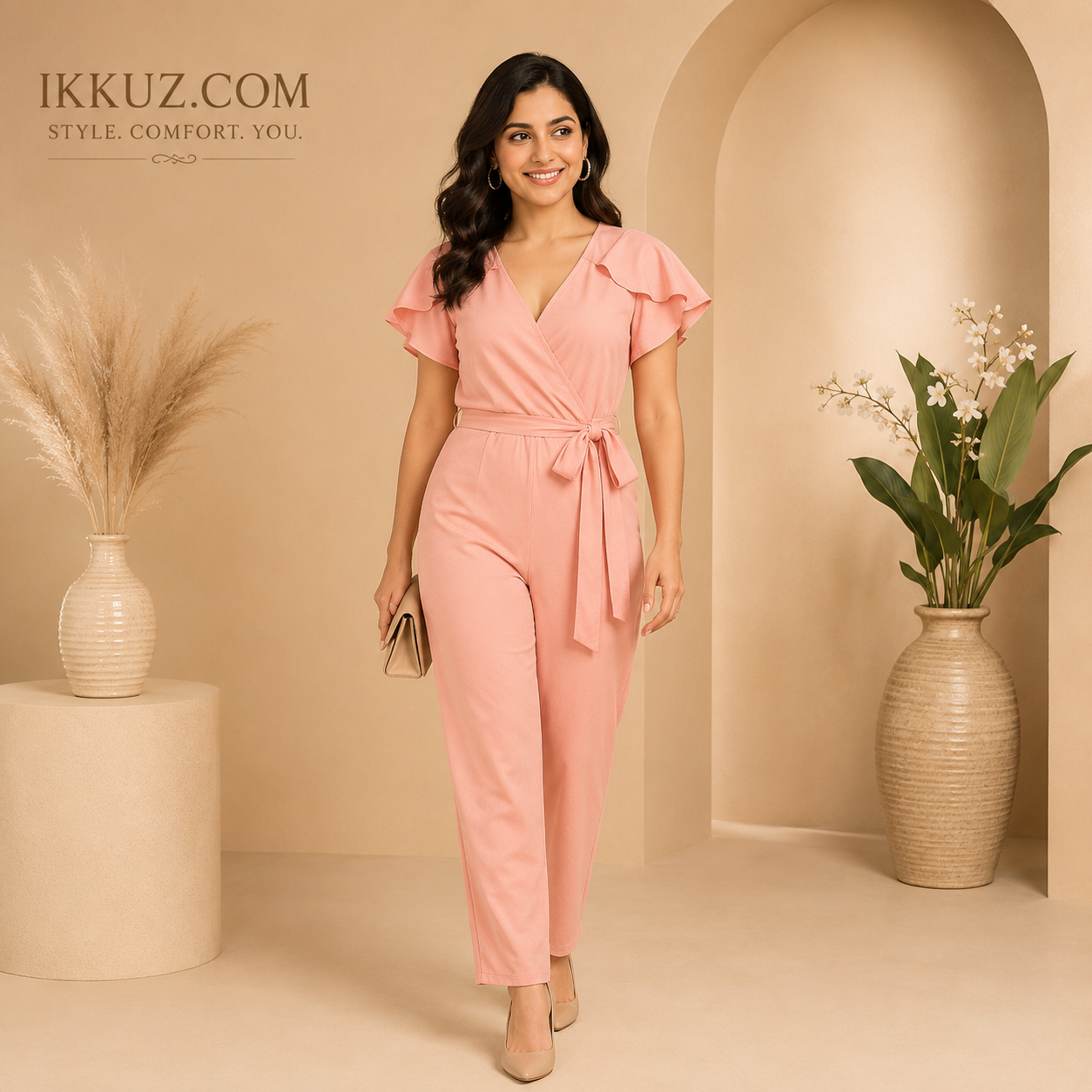 Women's Premium Beige Solid Lycra Jumpsuit