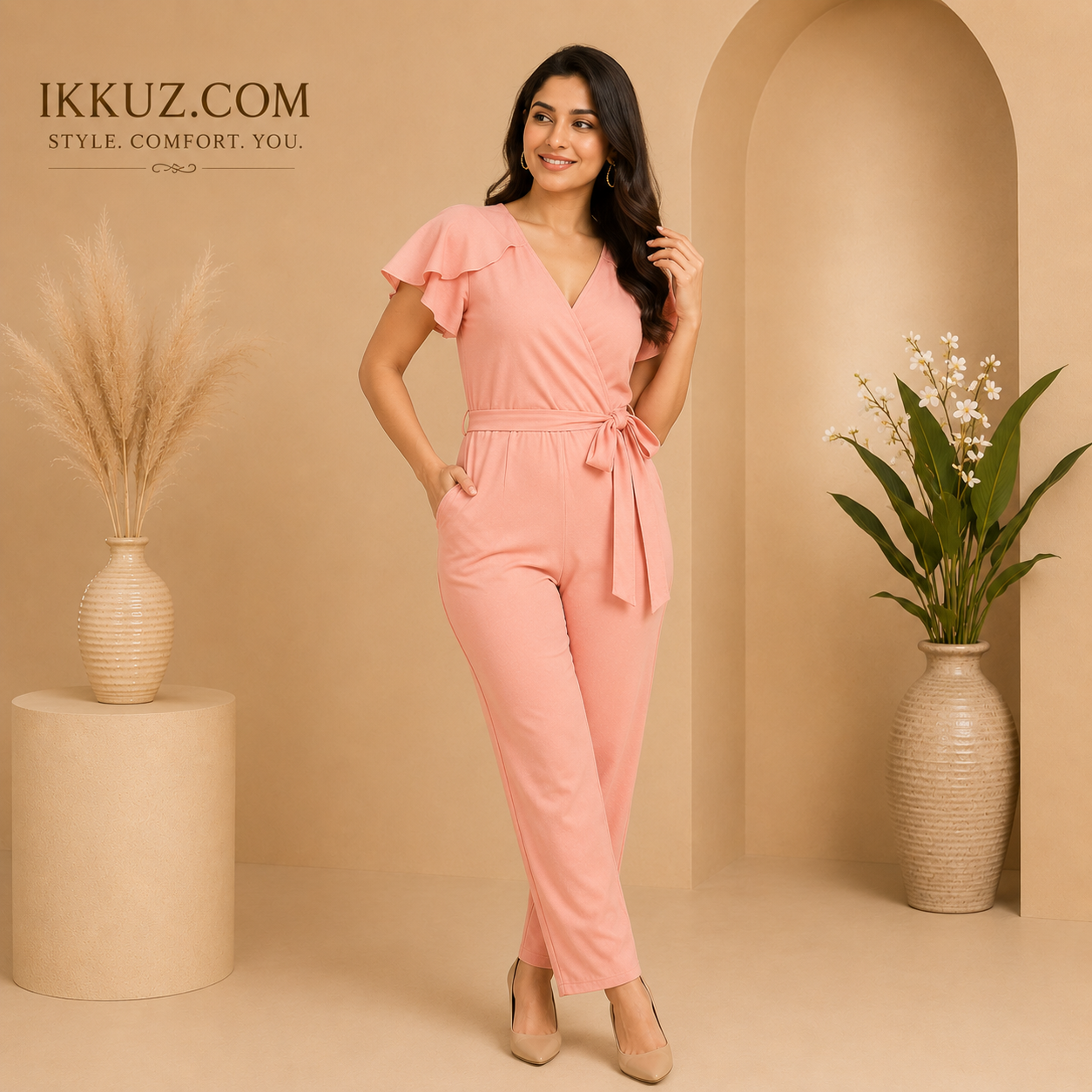 Women's Premium Beige Solid Lycra Jumpsuit