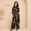Elegant Floral Black &amp; Brown Crepe Co-Ord Set for Women