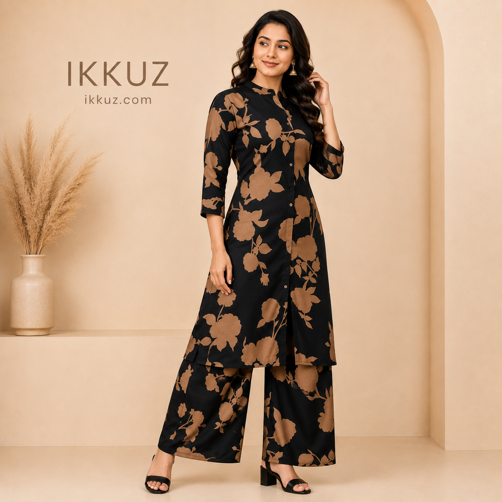 Elegant Floral Black &amp; Brown Crepe Co-Ord Set for Women