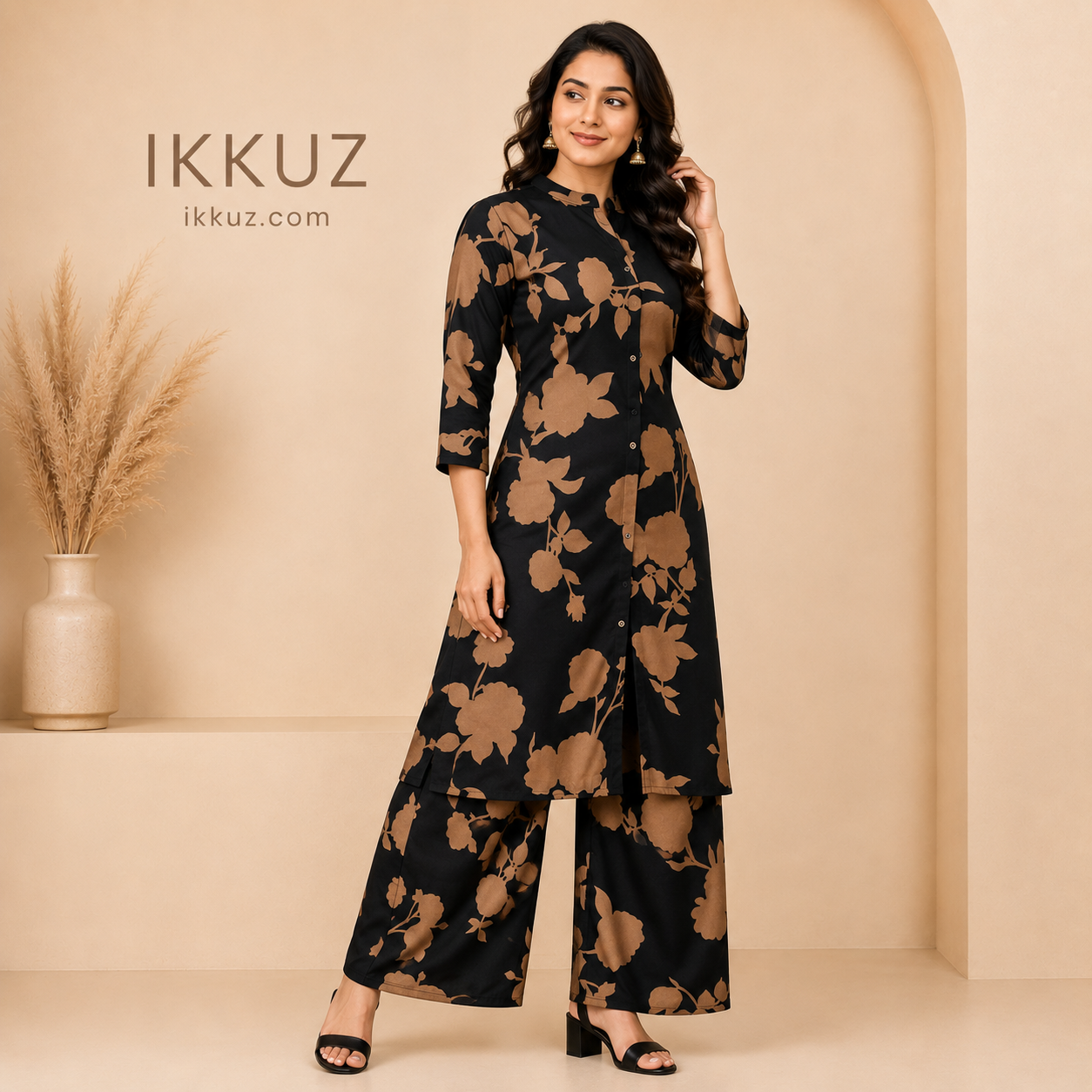 Elegant Floral Black &amp; Brown Crepe Co-Ord Set for Women