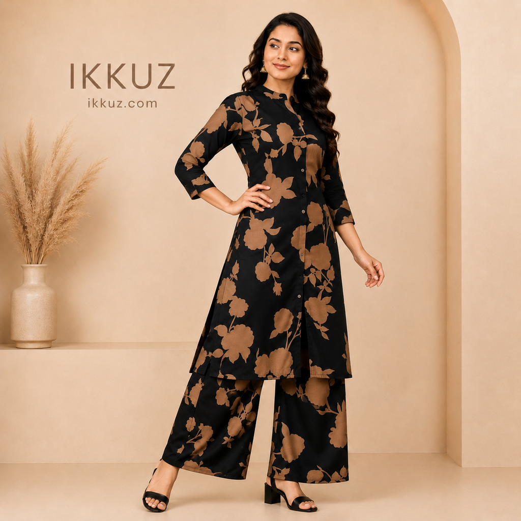 Elegant Floral Black &amp; Brown Crepe Co-Ord Set for Women