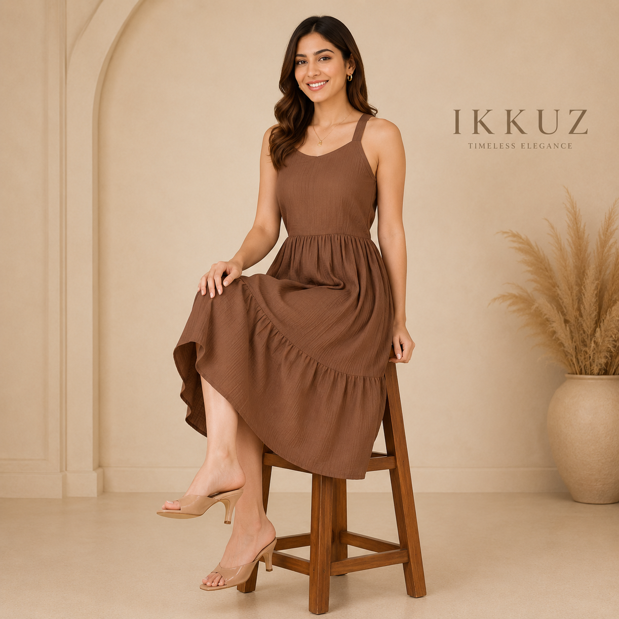Women's Sleeveless Cotton Rayon Fit &amp; Flare Midi Dress with Pockets