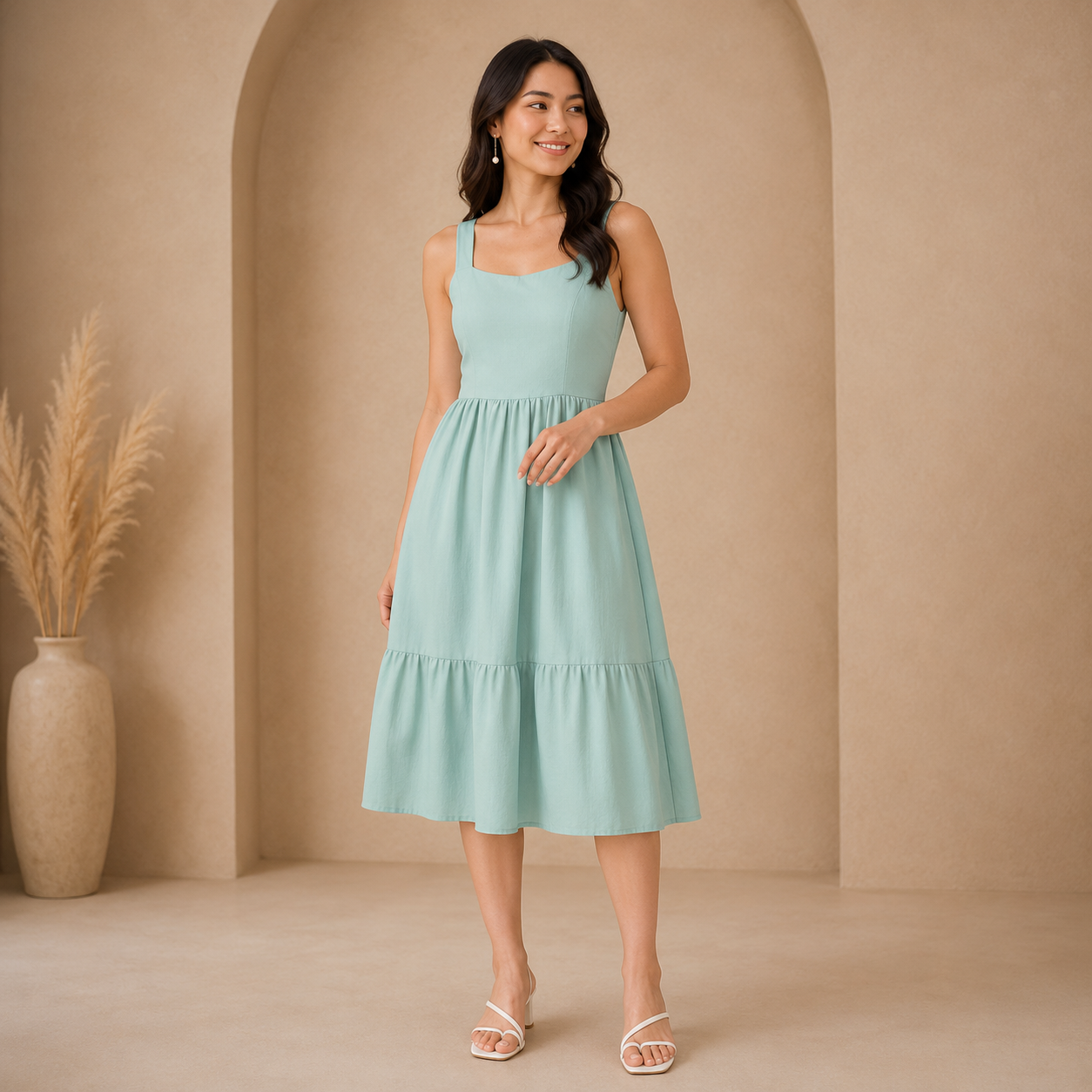 Women's Sleeveless Cotton Rayon Fit &amp; Flare Midi Dress with Pockets
