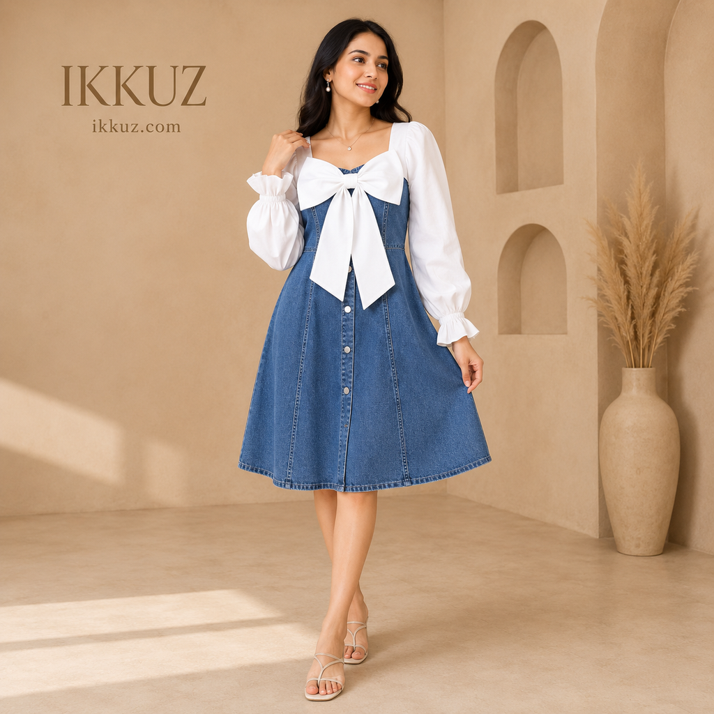 Women's Premium Denim Bow Mini Dress