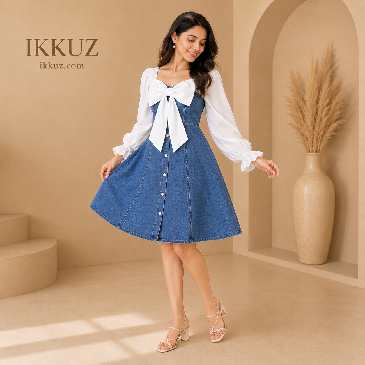 Women's Premium Denim Bow Mini Dress