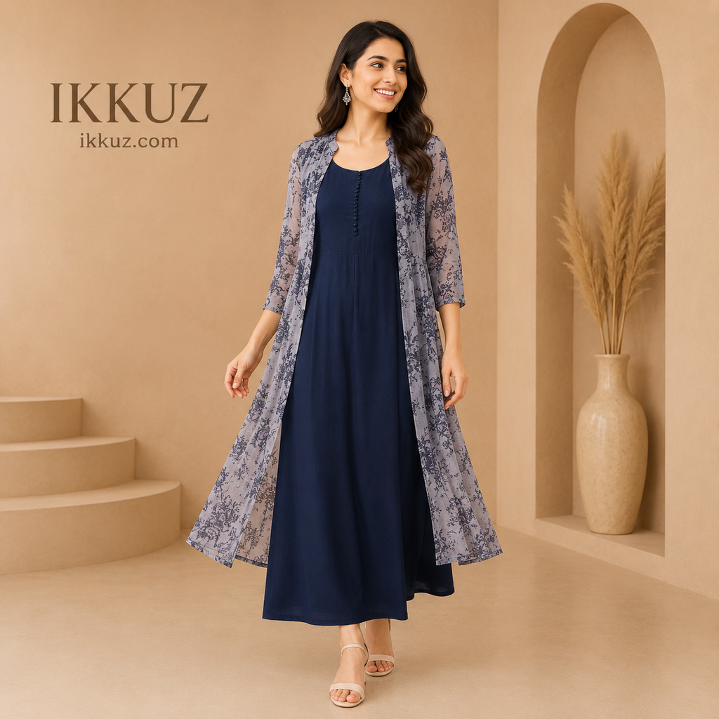 Women's Elegant Rayon A-Line Maxi Dress with Printed Shrug