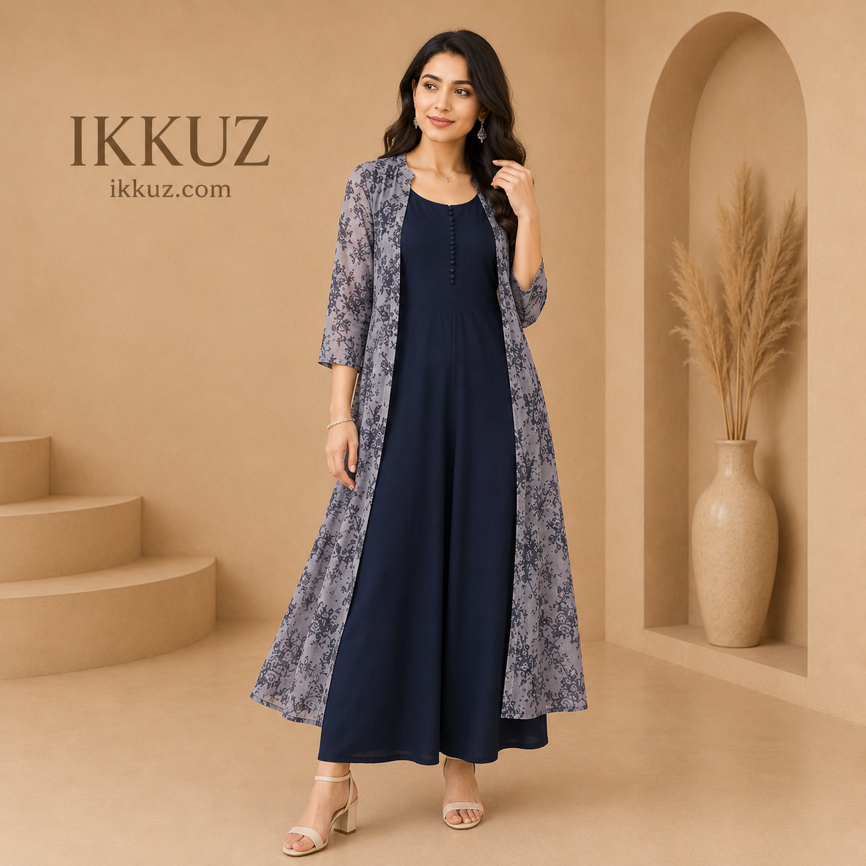 Women's Elegant Rayon A-Line Maxi Dress with Printed Shrug