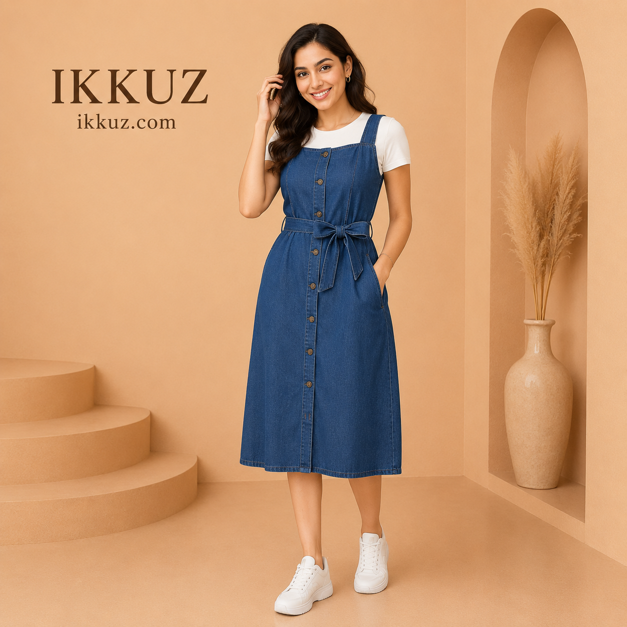 Women's Premium Blue Denim Pinafore Midi Dress