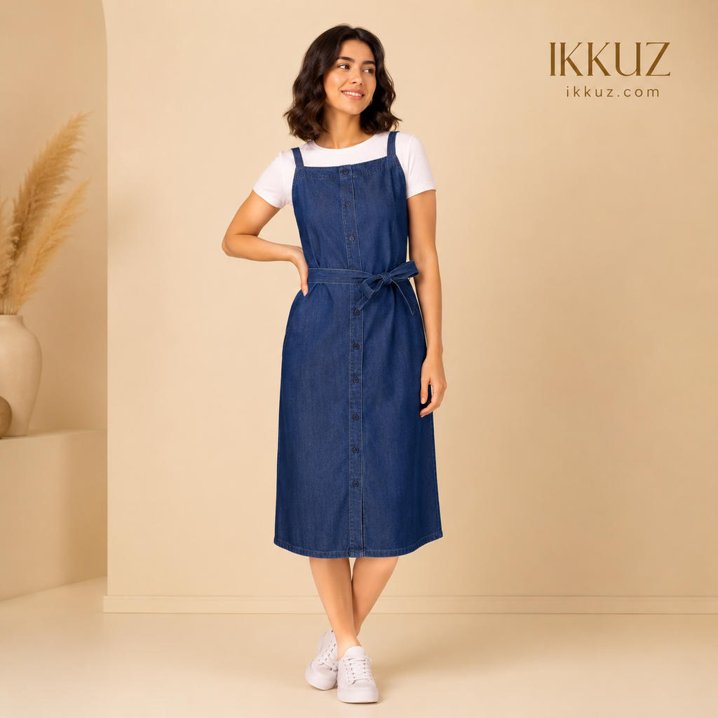 Women's Premium Blue Denim Pinafore Midi Dress