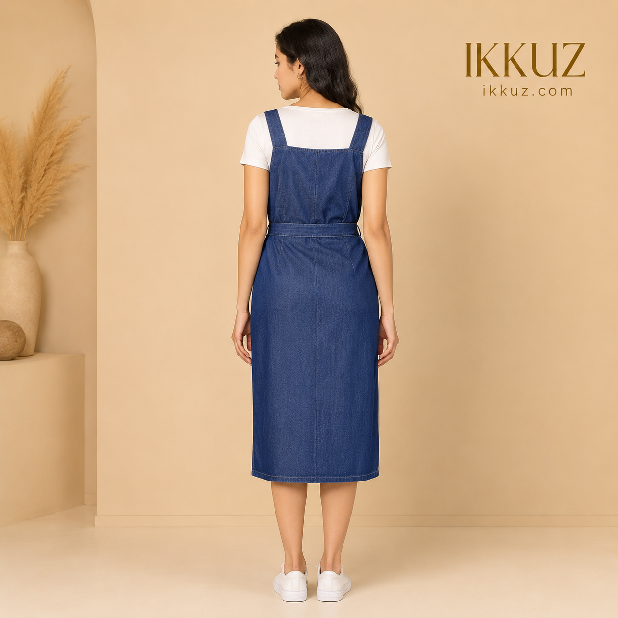 Women's Premium Blue Denim Pinafore Midi Dress