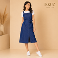 Women's Premium Blue Denim Pinafore Midi Dress