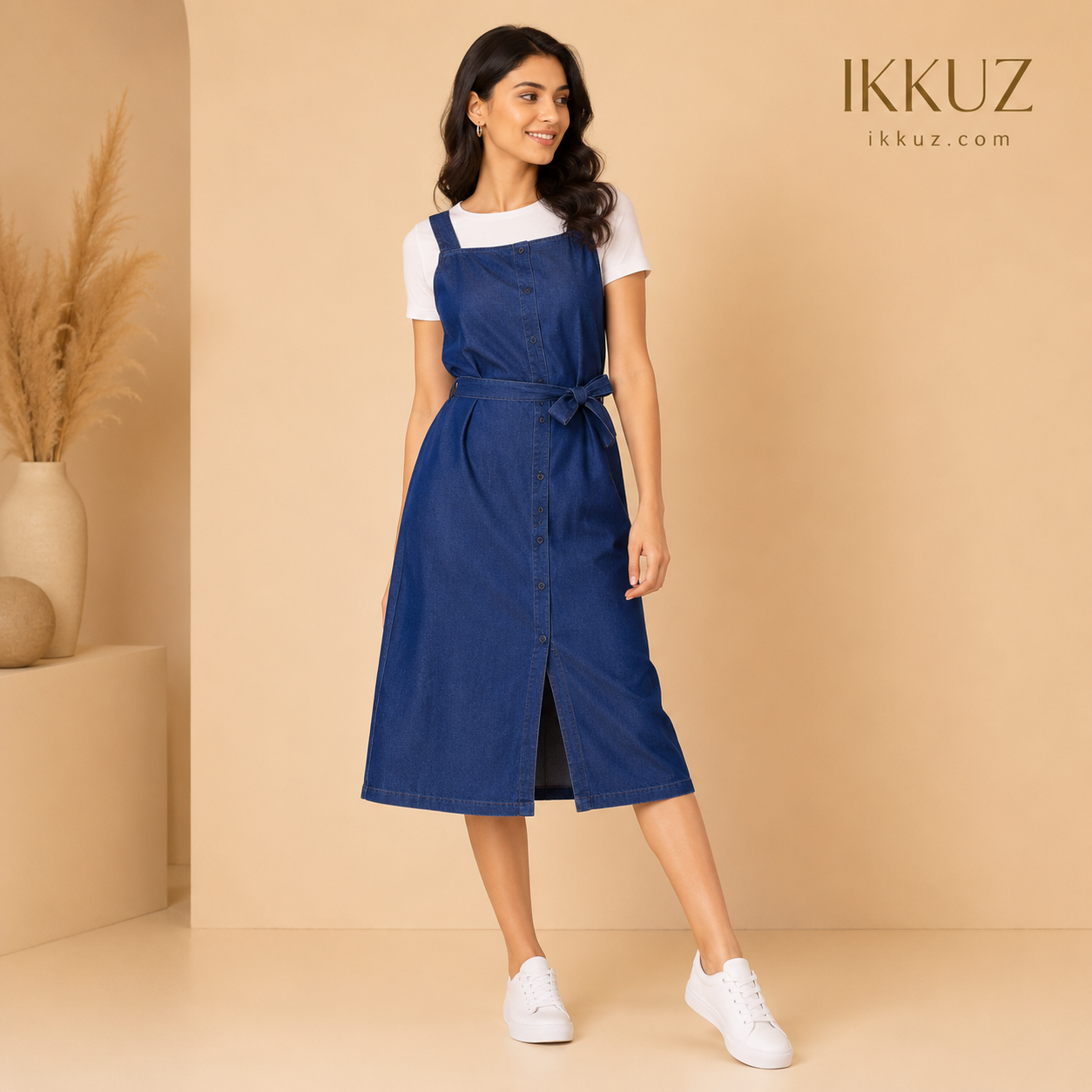 Women's Premium Blue Denim Pinafore Midi Dress
