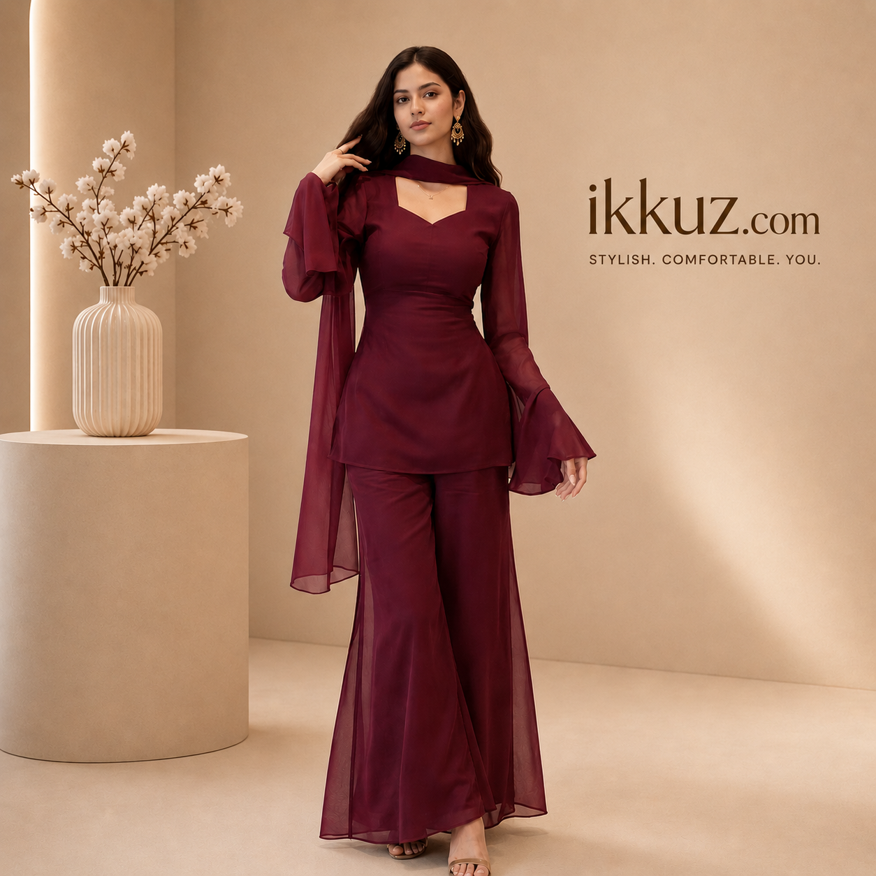 Women Festive Wear Party Wear Maroon Floor Length Gown