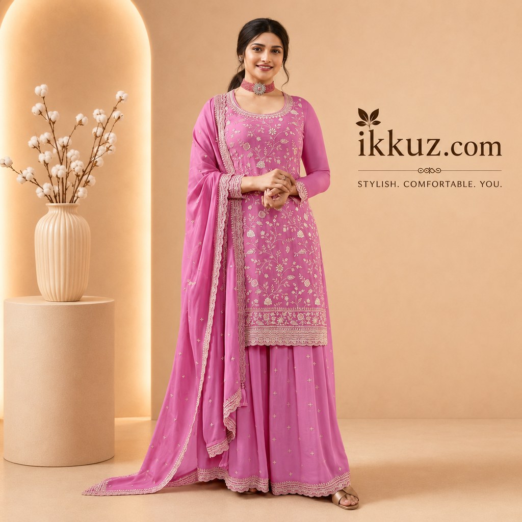 Pink Embroidered Shalwar Kameez Dupatta Dress – Designer Palazzo Suit