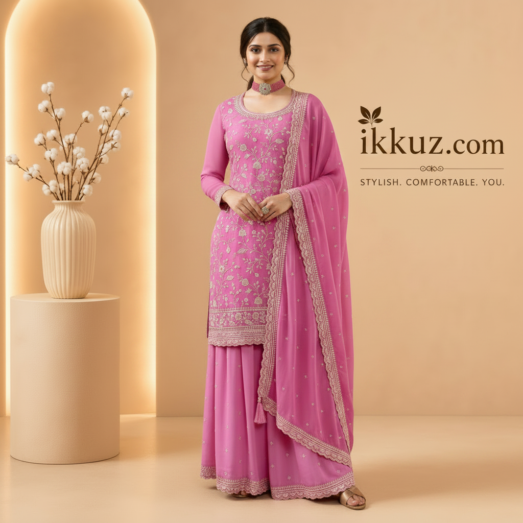 Pink Embroidered Shalwar Kameez Dupatta Dress – Designer Palazzo Suit