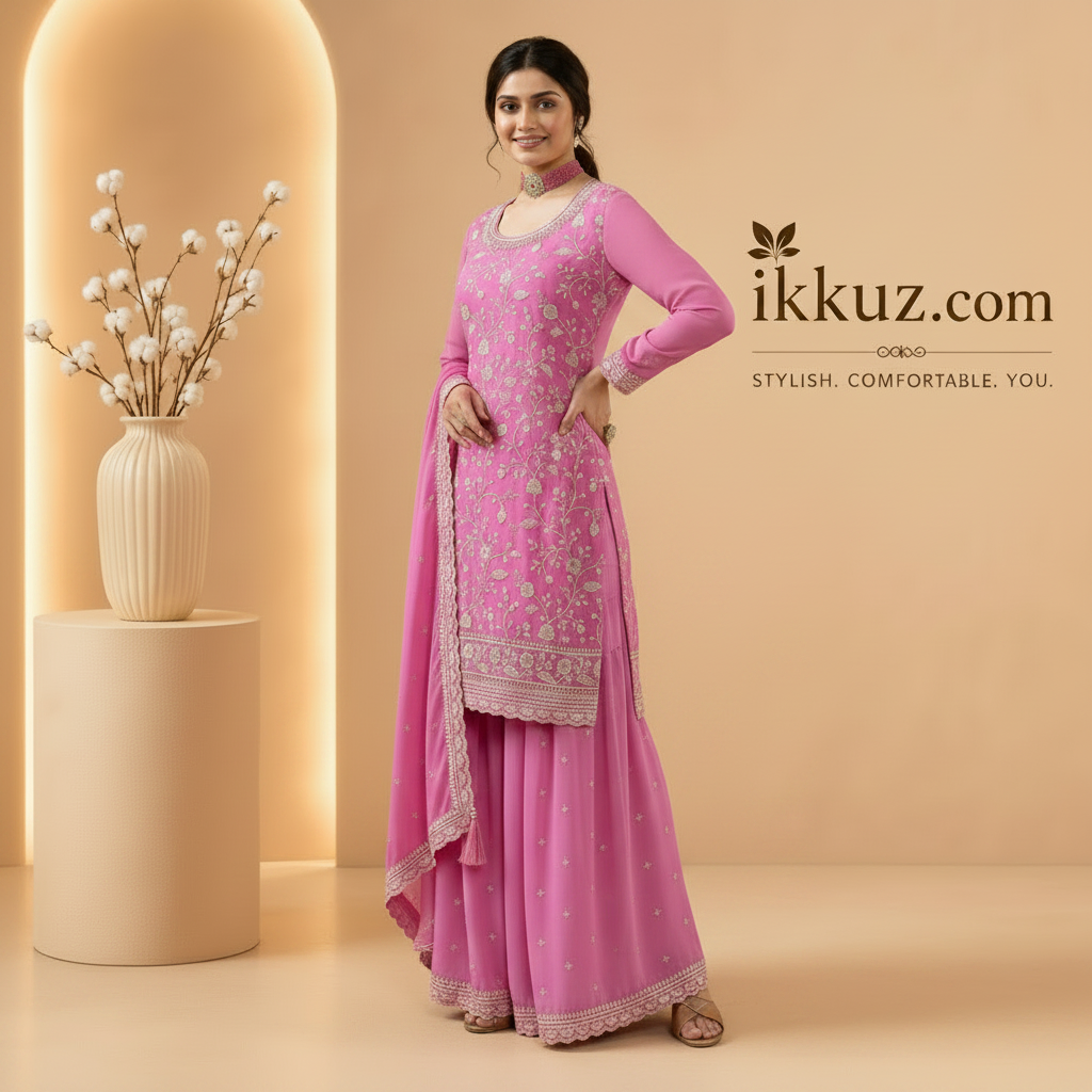 Pink Embroidered Shalwar Kameez Dupatta Dress – Designer Palazzo Suit